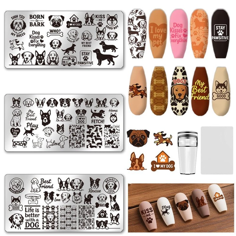 UNICRAFTALE 3Pcs Cute Dog Nail Stamp Plates Set Pets Animals Nail Stamping Plate Puppy Love Image Nail Stencils Dog Paws Design Nail Art Stamping Template with Nail Scraper for Dog Lover Manicure