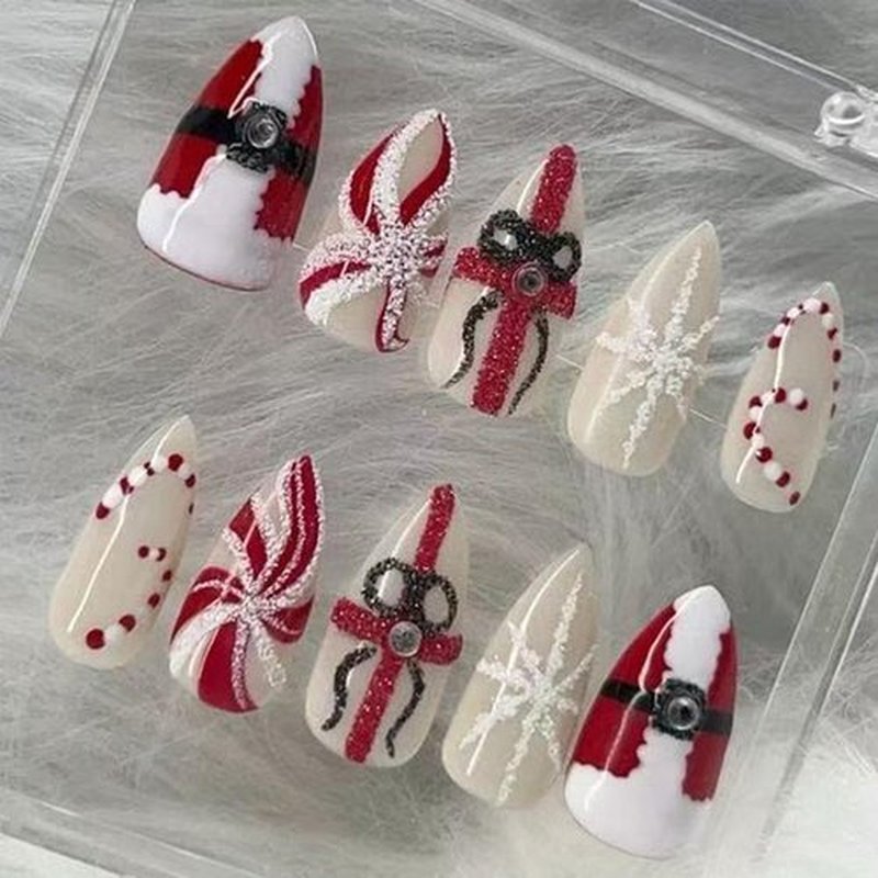 30Pcs Christmas Press on Nails Medium Almond Fake Nails Red white Striped Snowflakes Glue on Nail Gem Rhinestones Design Reusable Winter False Nails Full Cover Artificial Acrylic Nail for Women