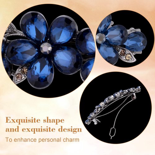 HINZIC Sparkly Rhinestone Hair Clip, Crystal Blue Flower Prom Barrettes Wedding Engagement Pageant Formal Dressy Decorative Accessories for Bride Women Thick Long Hair - 1PCS