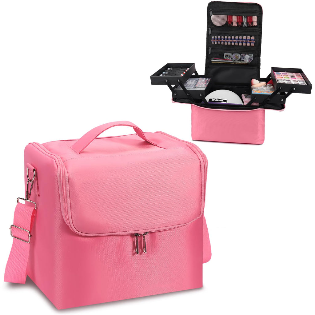 Deciniee Large Pink Makeup Nail Polish Organizer Bag, 4 Tier Professional Makeup Case, Waterproof Nylon, Travel/On-the-go Makeup Storage