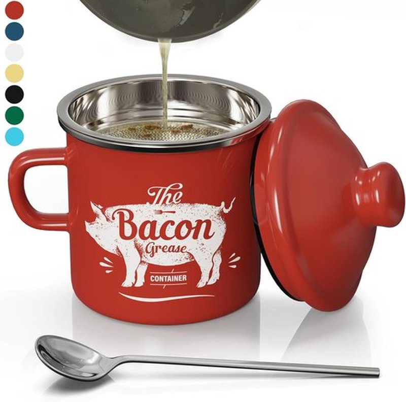 PGYARD Mini Bacon Grease Container - 15oz Enamel Strainer for Kitchen Fat Storage | Dishwasher Safe - Red