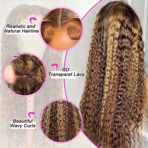 Tuviso 26 Inch Highlight Ombre Lace Front Wigs Human Hair 200% Density 4/27 Colored Pre Plucked Deep Wave 13x6 HD Lace Frontal Wigs Glueless Wig with Baby Hair Honey Blonde Deep Curly Wig for Women