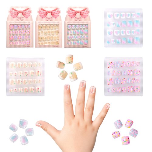 Kawyehu Kids Press on Nails Children Fake Nails 72PCS Artificial Nail Tips Adhesive Full Cover Short False Fingernails for Girls Kids Nail Decoration (French Donut Heart)