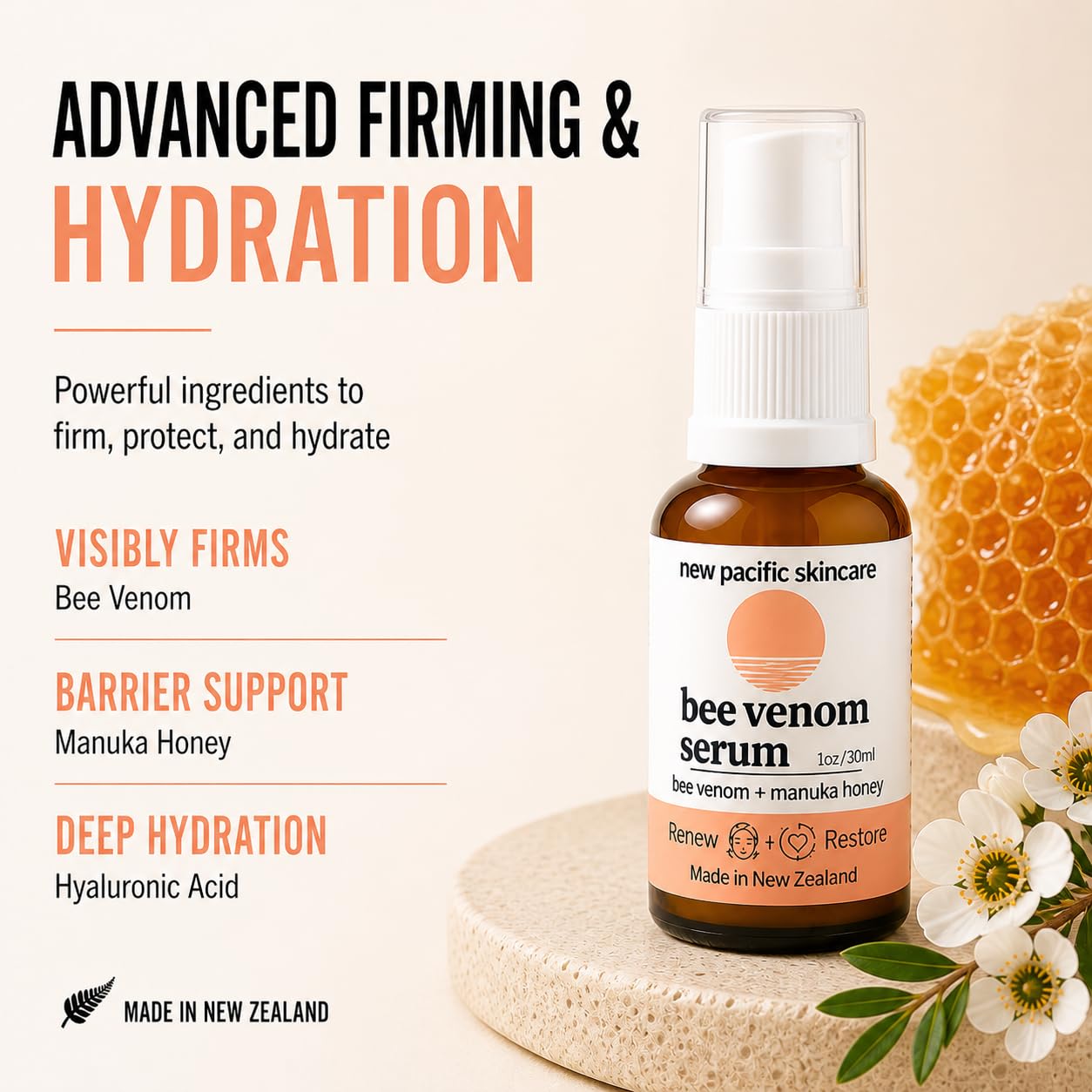 Firming Anti-Aging Face Serum with Retinol – Reduces Fine Lines & Improves Elasticity – Bee Venom, Manuka Honey, Hyaluronic Acid & Vitamin C, 1oz