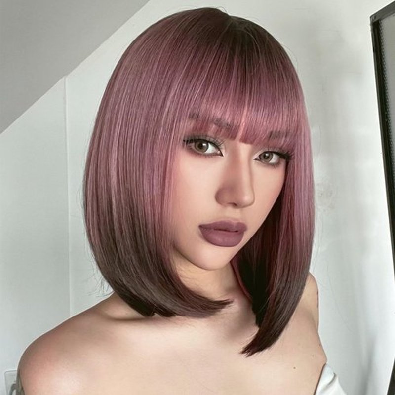 AISI BEAUTY Ash Pink Bob Wig with Bangs Short Straight Wigs for Women 12 Inch Synthetic Straight Hair Wig for Girl Cosplay Party Wear