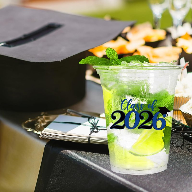 Whaline Graduation Plastic Cups - 50 Pcs 12 Oz Congrats Grad in Black & Blue | Perfect for Class of 2026 Party Decor