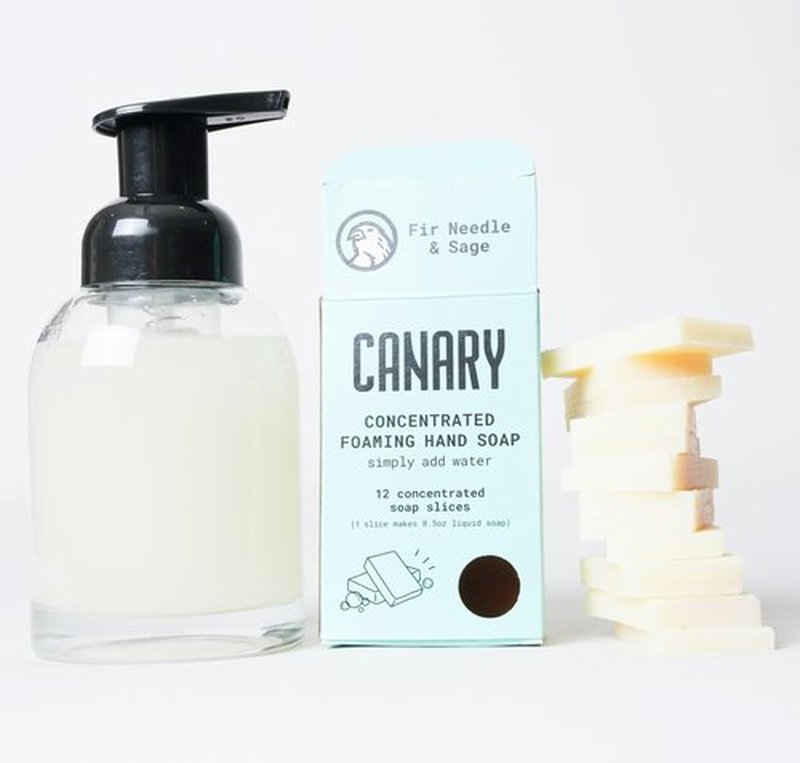 Canary Foaming Hand Soap Bars Kit - Refillable Zero Waste Hand Wash Concentrate with Coconut Oil - All Natural, Moisturizing, Organic, Non Toxic, Fir and Sage, 1 Bottle, 14 refills