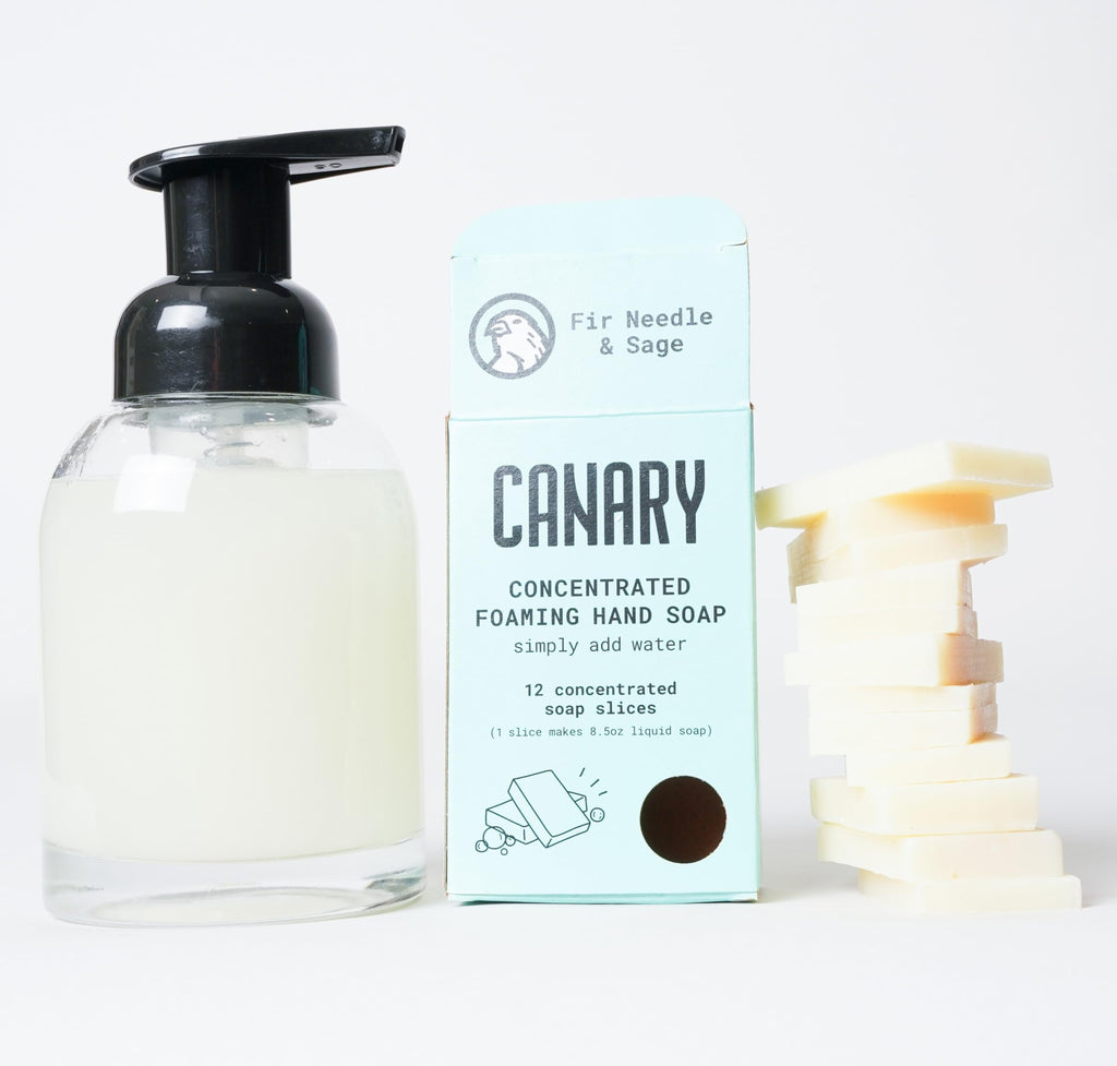 Canary Organic Hand Soap Kit (1 Glass Bottle, Reusable Foaming Pump, 14 Soap Slices) Moisturizing, Non Toxic Hand Soap Wash with Coconut Oil | All Natural, Zero Waste | Fir & Sage