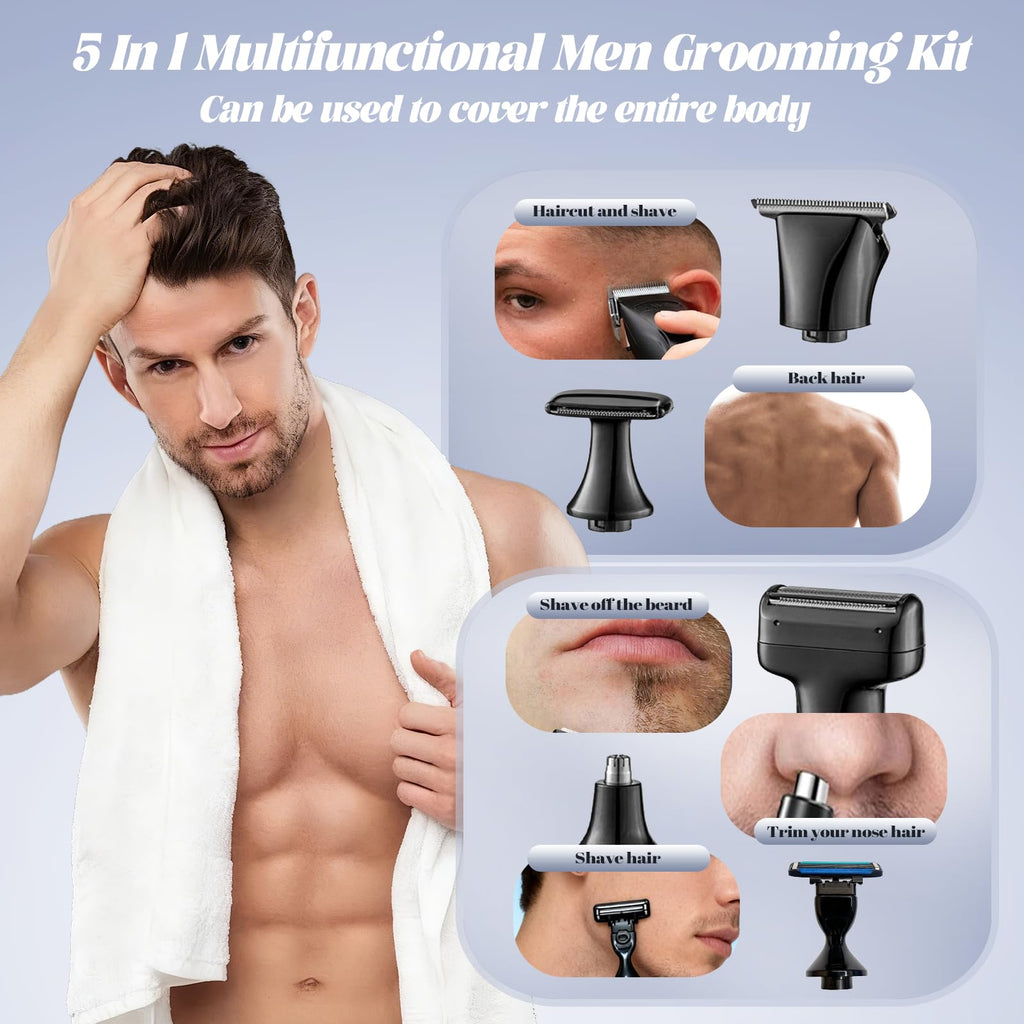 Back Shaver for Men Long Handle 5 in 1 Electric Body Hair Trimmer for Men Back Shaver Kit with Barber Blade, Combination Shaver Head, Nose Trimmer, Body Groomer Portable Waterproof Body Hair Groomers