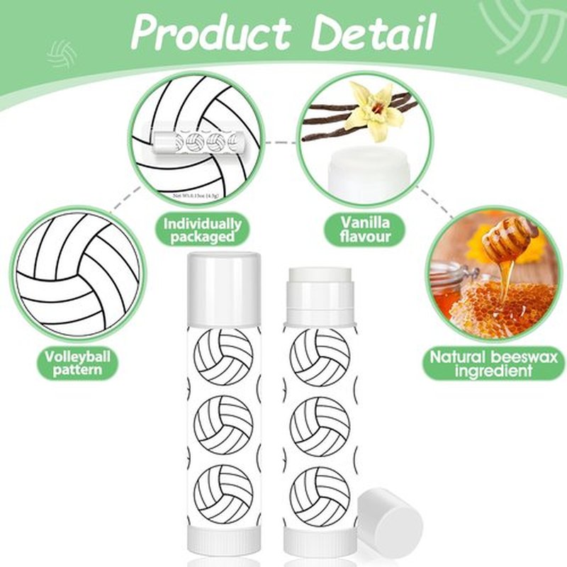 24 Pack Volleyball Lip Balm Bulk, Beeswax Moisturizing Vanilla Flavor Chapstick for Volleyball Team Gifts, Sports Theme Party Favors for Girls Kids Women & Men Sports Lovers