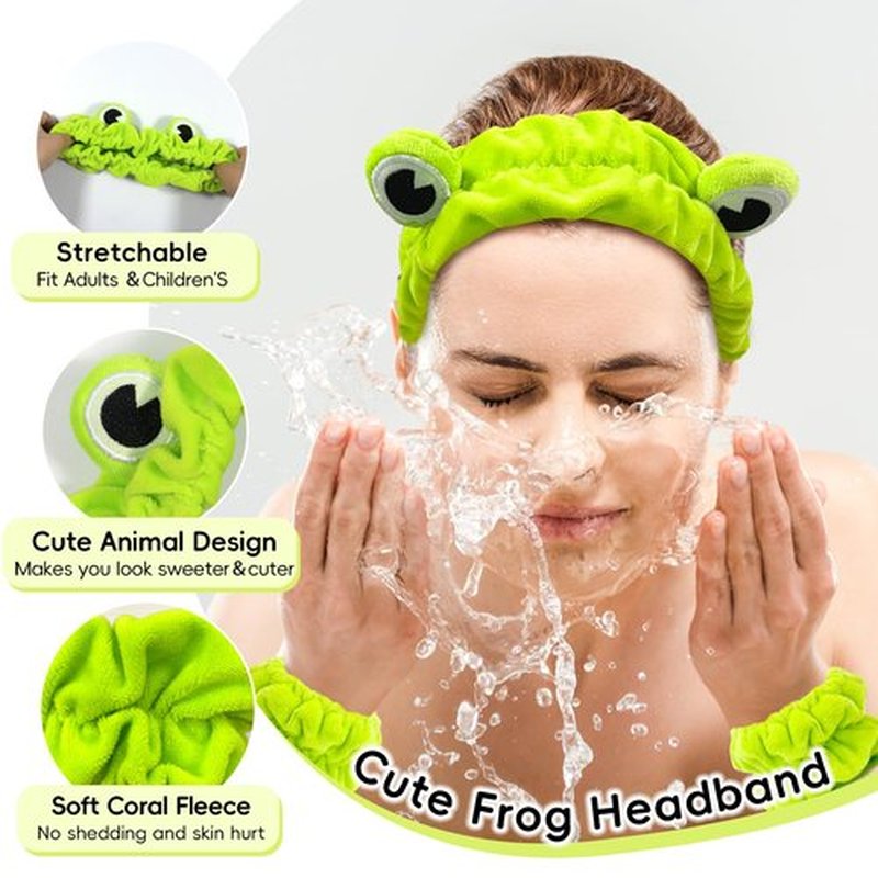 my novel things Face Wash Headband, Skincare Headband Wrist Bands For Washing Face Set Spa Hair Bands come with a Hair Scrunchie Cute Green Frog Elastic for Makeup Girls Women