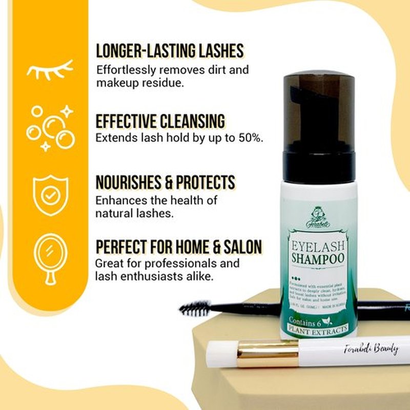 Forabeli Lash Shampoo 50ml with Brush and Wand - Eyelash Extension Cleanser, Eyelid Foaming Wash, Gentle Foam, Remove Oils and Makeup