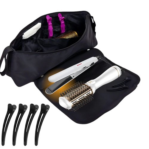 Large Hair Tools Travel Bag and Heat Resistant Mat – Hot Hair Tools Organizer for Flat Iron, Curling Iron, Hair Dryer – 2-in-1 Portable Case for Women Bag (19 x 6.5 in) Mat (11 x 15 in)