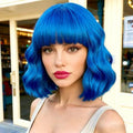 HWHRGL Blue Wigs with Bangs for Women 14inch loose wavy bob Wig With Bangs Curly Wavy Shoulder Length Bob Synthetic Wigs Colorful Wavy Wigs for Cosplay Daily Party Use Halloween Wig (Blue, 14 Inch)