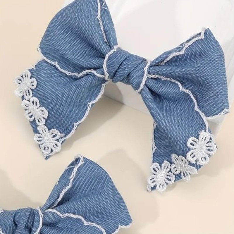 Blue Denim Hair Bow Clips Girls Denim Bowknot Pin Girls Blue Jeans Hair Bow Clips BW27 (Set-F)