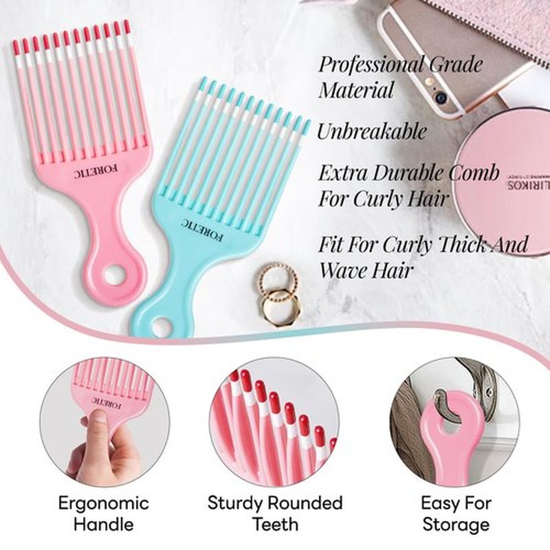 Foretic Smooth Hair Pick Comb for Curly, Thick, Medium to Long Hair, Facial -6.9inch（Blue, Pink）