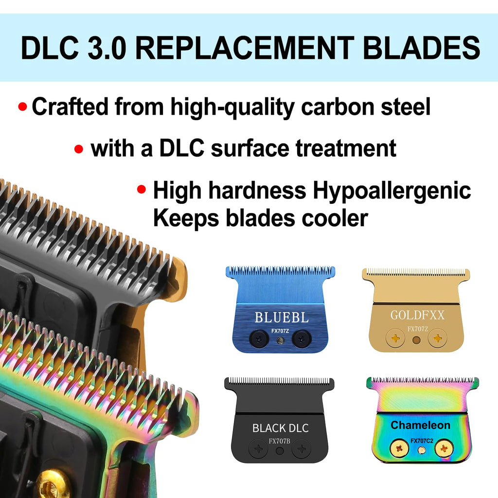 TRAH FX707B Blue DLC Replacement Blades Compatible with BaByliss Barberology FX787 & FX726 Trimmer Blade,DLC 2.0 Trimmer Replacement Blades