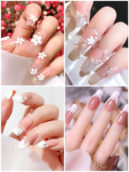 TOROKOM 3D Flower Nail Art Charms, White Acrylic Flower Rhinestones Metal Caviar Beads Nail Supplies Decorations for Women Girls Nail DIY