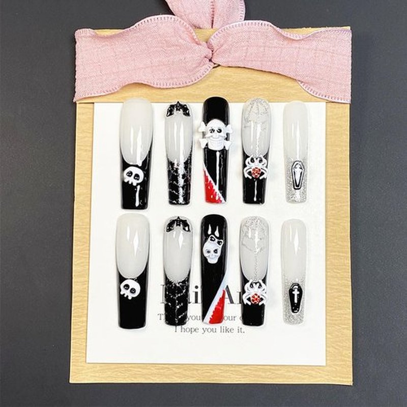 Extra Long Square Handmade Nails with Glue,Goth Press on Nails Halloween False Nails with Skull Charms Acrylic Full Cover Reusable Nails Muti-Layer Gel Nail Press ons for Women (Size S)