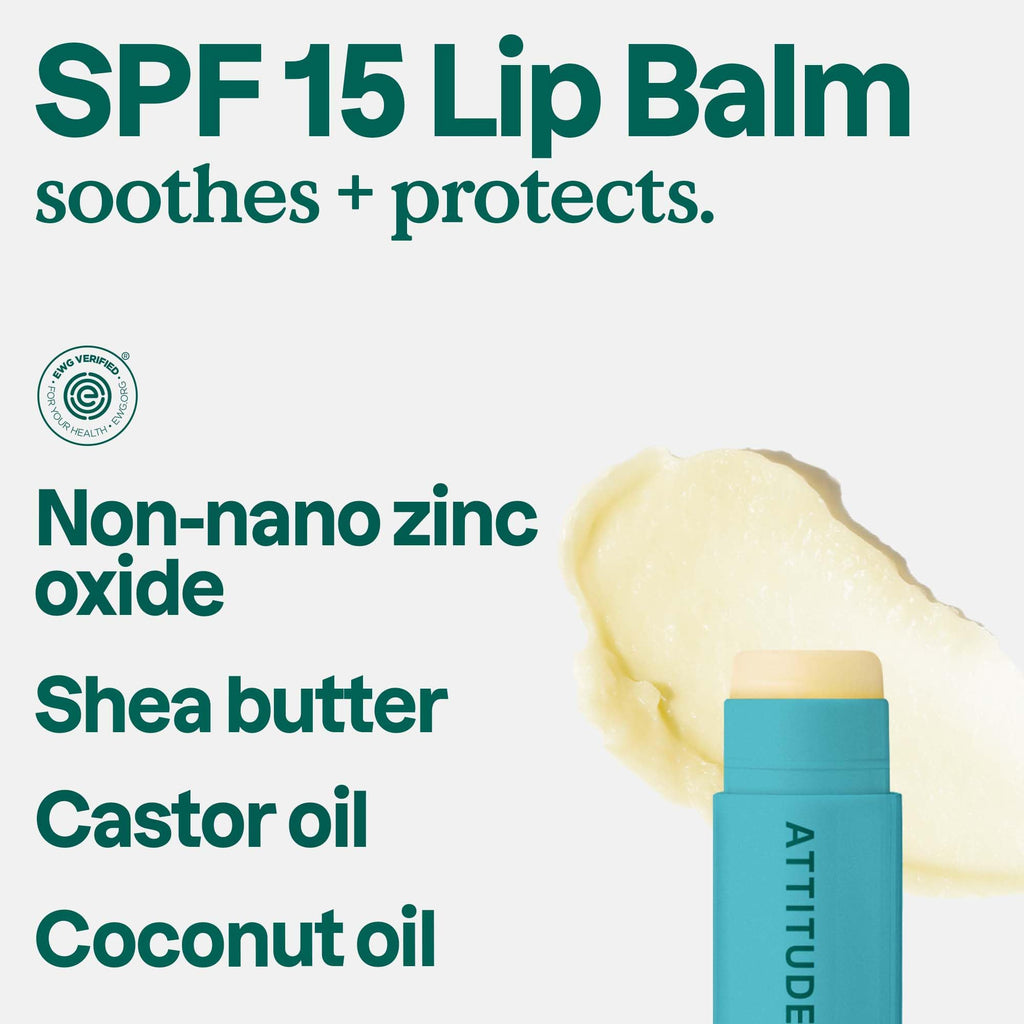 ATTITUDE SPF 15 Lip Balm Duo, Mineral Sunscreen with Non-Nano Zinc Oxide, EWG Verified, Broad Spectrum UVA/UVB Protection, Moisturizing Lip Care, Vegan, Unscented, 0.14 Oz (Pack of 2)