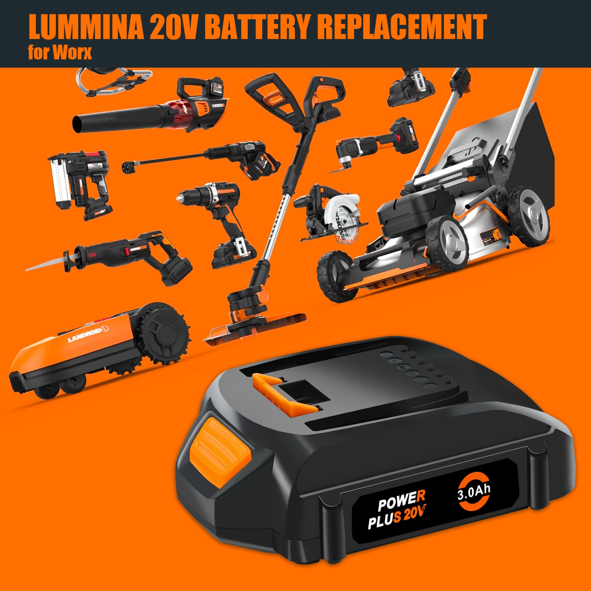 LUMMINA Replacement for Worx Battery 20V and Charger for 20V Lithium Battery WA3520 WA3525 WA3575 WG151s WG155s WG251s WG255s