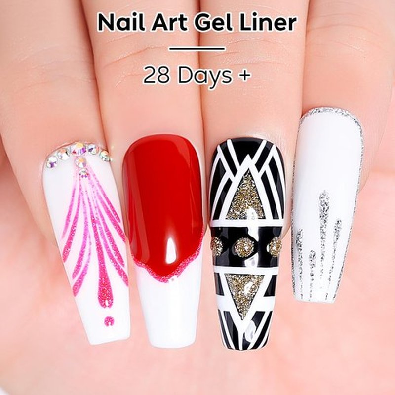 AIMEILI Gel Polish Nail Art Liner, Hema Free, Cruelty Free, Vegan, 6 Colors Black White Red Pink Gold Silver Design Paint for French Chrome Manicure DIY