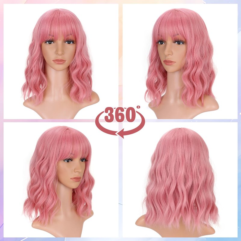 VCKOVCKO 14Inches Loose Wave Bob Wig Wavy Pink Bob Wig with Air Bang Curly Hair Wigs Synthetic Cosplay Party Wigs for Women (14Inches,Solid Pink)