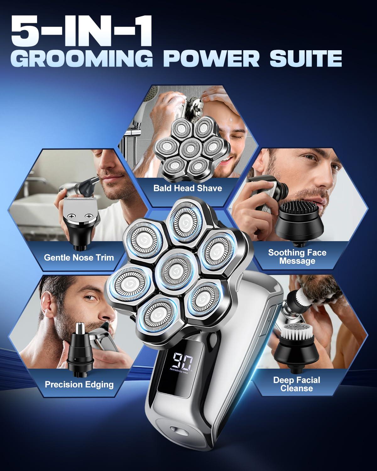 VOPH Head Shavers for Bald Men, 7D Floating Blades Electric Razor with Magnetic Detachable Heads, IPX7 Waterproof Rotary Shaver 5-in-1 Self-Grooming Kit Gift for Balder