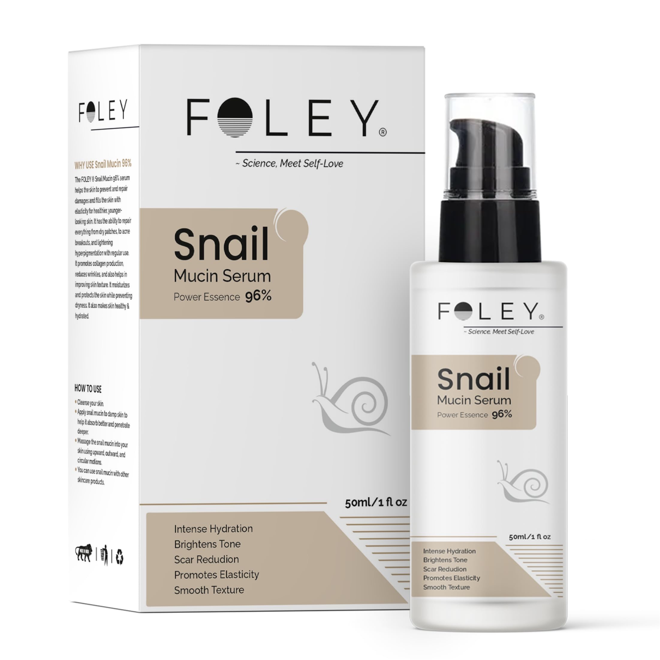 FOLEY Snail Mucin 96% Face Serum 50ml for Dry Skin, Hydrating Korean Serum for Men & Women, Brightens, Firms, Improves Texture, Non-Sticky & Fragrance-Free, Dermatologist-Tested