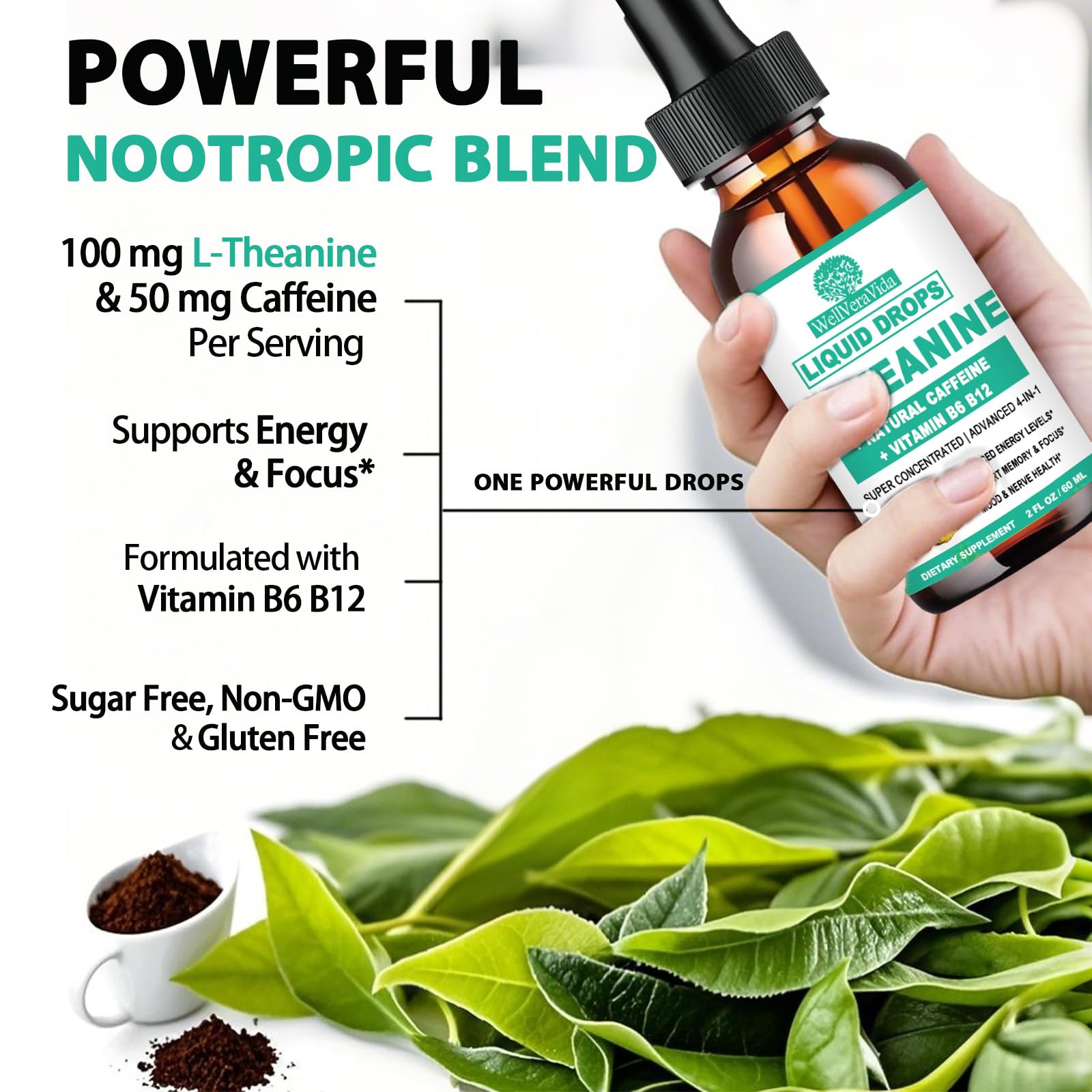 WellVeraVida L Theanine Caffeine Liquid Drops, High Potency L-Theanine 100mg w. Caffeine Vitamin B12 B6, Natural Nootropic Brain for Smooth Energy Focus Alertness, 6X Stronger Than Pills Powder Gum