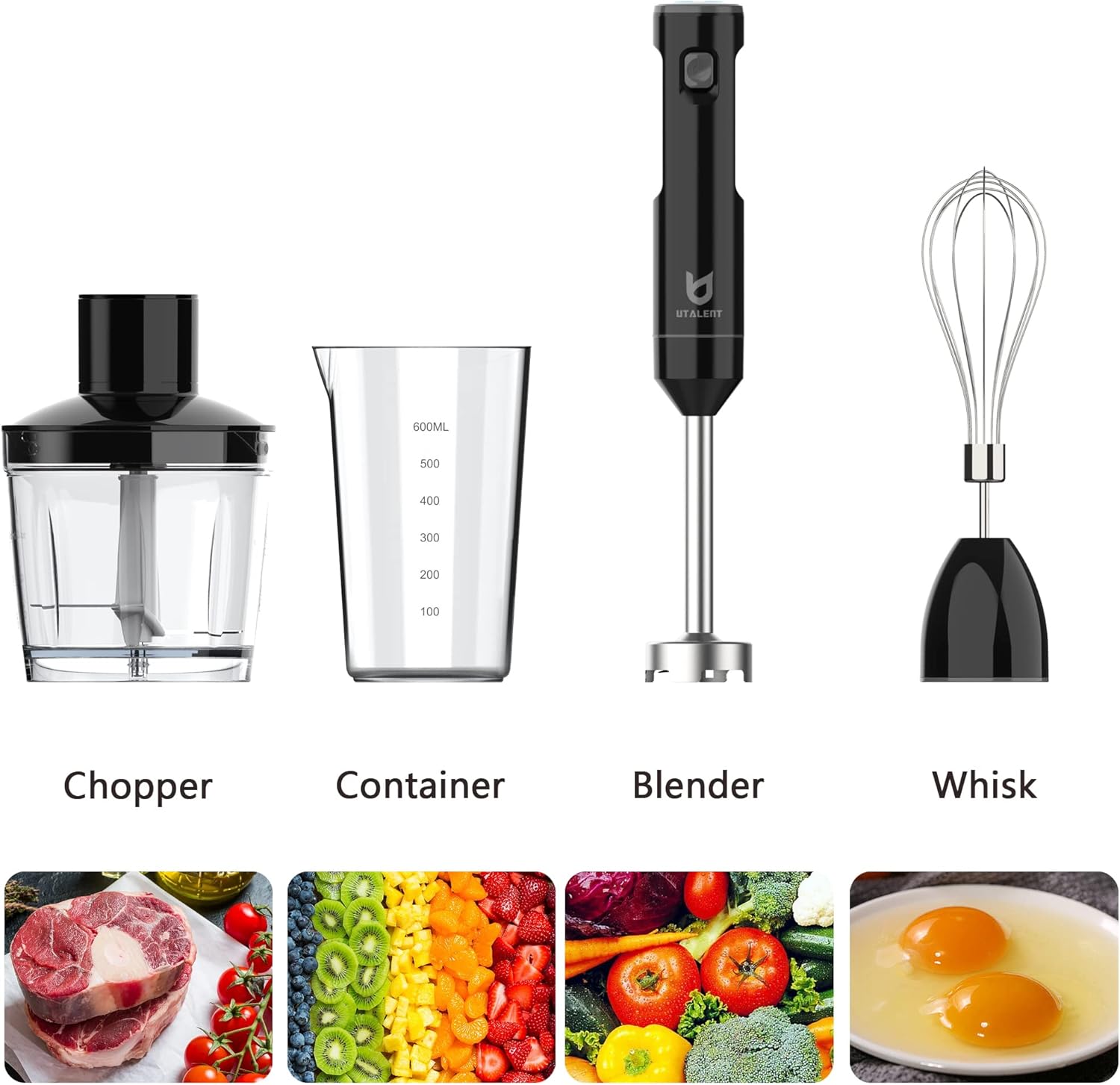 UTALENT Cordless Hand Blender - Variable Speed Immersion Blender with 500ml Chopper & 600ml Container - Black
