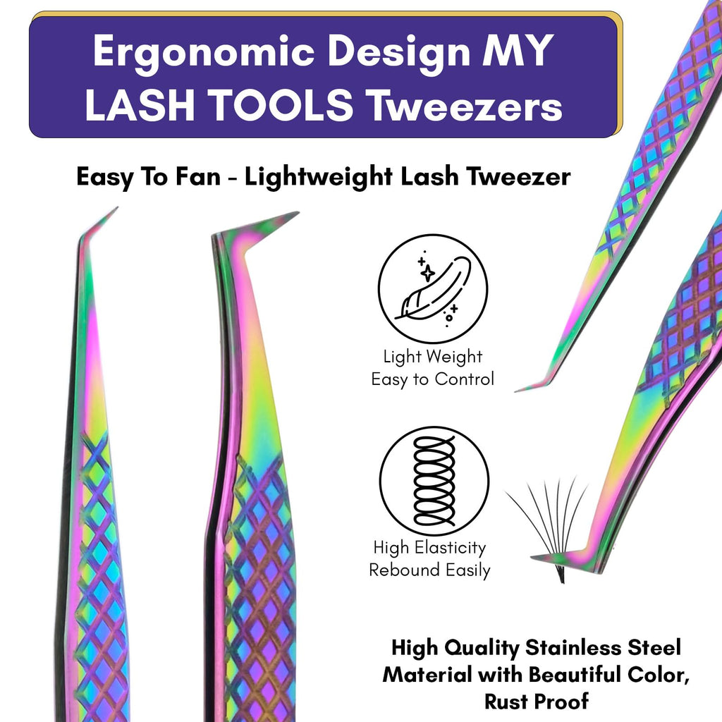 2pcs Fiber Tip Lash Tweezer Set – Fine Axe Tip Volume Boot Tweezer & Isolation Tweezer, Precision Eyelash Extension Tools, Stainless Steel, Non-Slip Grip for Classic, Mega Volume Lashing (Multi)