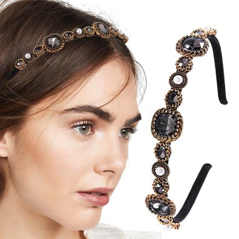 Firuilo Baroque Crystal Headband Pearl Rhinestones Hairbands Black Thin Headband for Women(Type A)