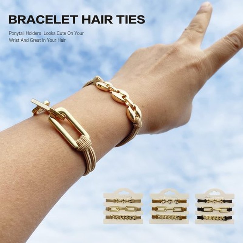 Bracelet Hair Ties for women - Ponytail Holders - Cute Hair Accessories with Gold Jewelry - Handmade Soft Elastic No Damage Scrunchies - Khaki