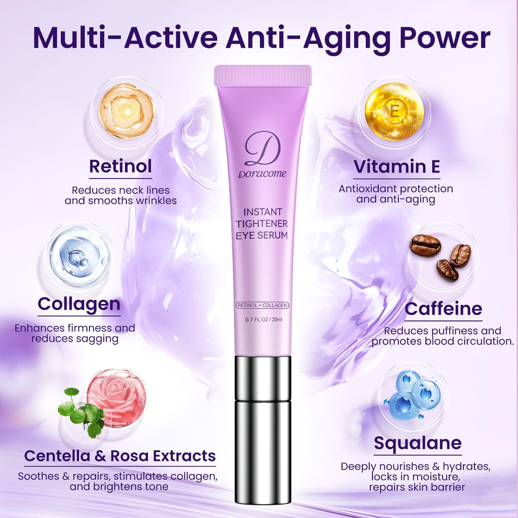 Doracome Caffeine & Retinol Under Eye Serum – Dermatologist-Tested, Fast Absorbing, Correction for Puffy Eye Bags Fine Lines Dark Circles Wrinkles While Providing Moisturizing Care