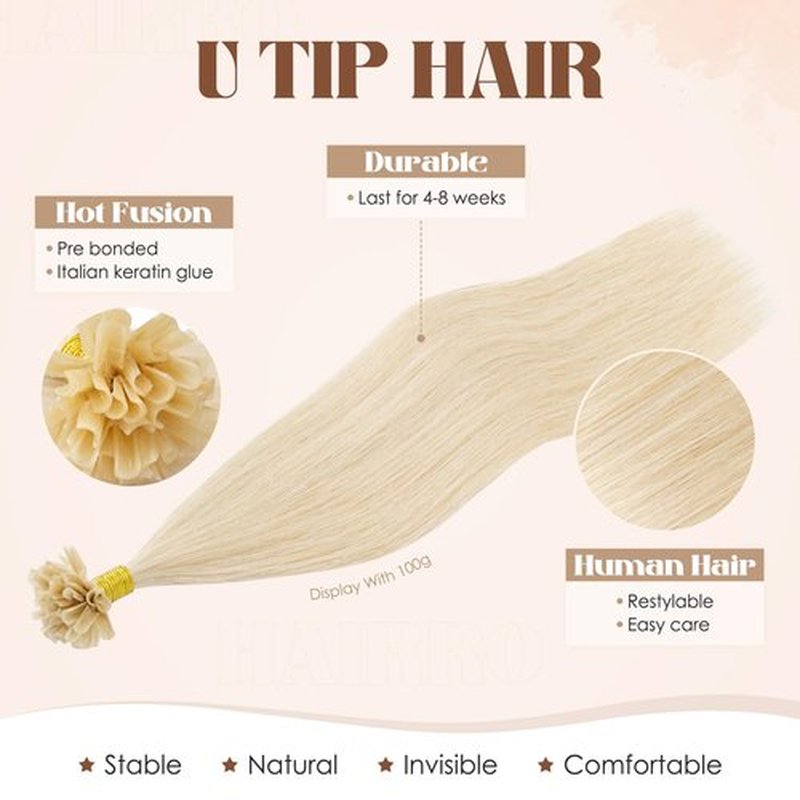 Hairro U Tip Hair Extensions Human Hair Pre Bonded Hot Fusion Keratin Nail Tipped Utips Ktip For Women 16 inch 25g 25 Strands #60R Platinum Blonde