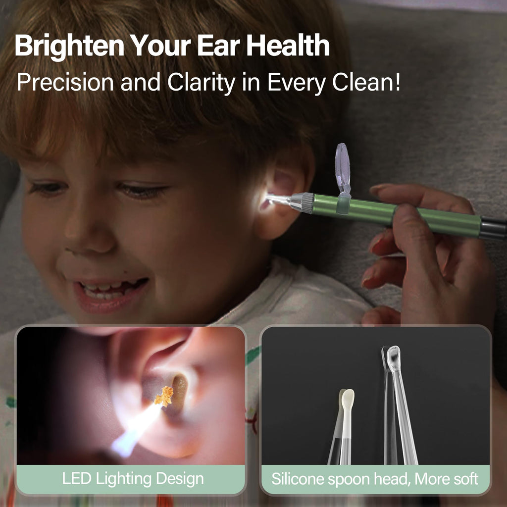 15 Pack Ear Wax Removal Tool Kit with Light - LED Ear Cleaning Kit, Ear Wax Removal for Kids and Adults, Ear Cleaning Tool, Ear Picker Spoon & Ear Tweezers & Spiral Spring Ear Spoon Green