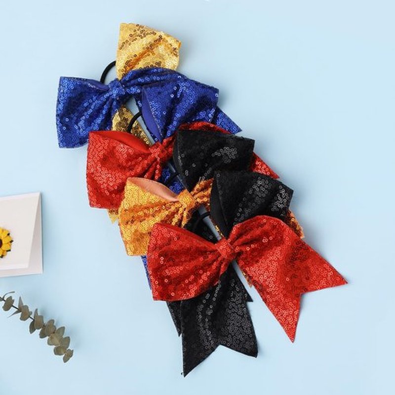 Large Sequin Glitter Cheer Hair Bows,Sparkly Bows Ponytail Holder Elastic Band for Cheerleading Teen Girls College Sports (Red Black)