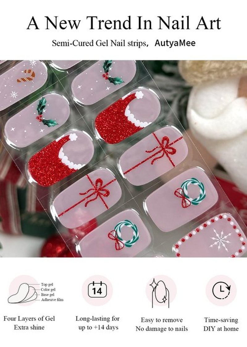 AutyaMee Semi Cured Gel Nail Strips (Cute Christmas), Red Santa Hat, 20 Pcs Gel Nail Wraps, Stickers, Wreath, Snowflake, Candy Cane, Works with Any UV Lamps