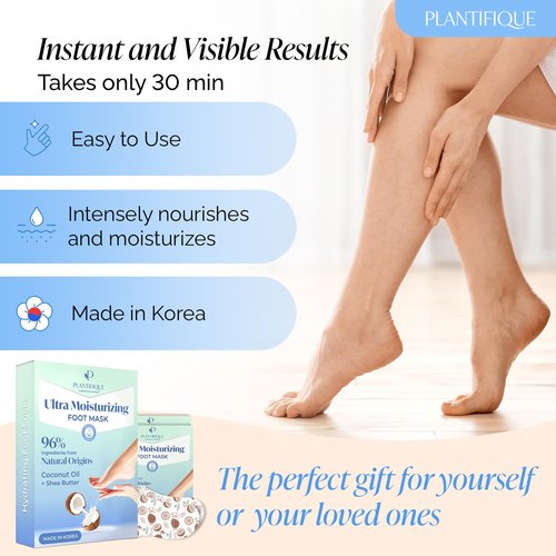 PLANTIFIQUE Foot Peel Mask with Peach 2 Pack and Hydrating Foot Mask for Dry & Cracked Feet