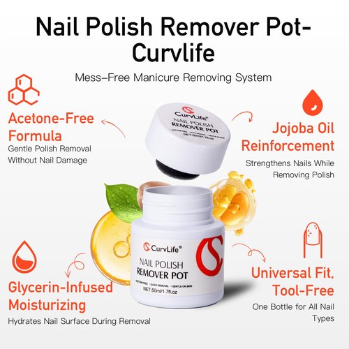 Curvlife Acetone-Free Nail Polish Remover Pot, Quick Removal & Gentle on Skin, Jojoba Oil & Sponge Applicator for Home Salon, 50ml/1.7 fl oz Nail Care