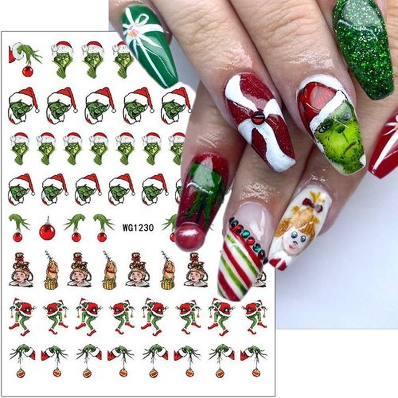 6 Sheets Christmas Nail Art Stickers Green Monster Nail Decals Cute Cartoon New Year Nail Art Designs Sticker Xmas Winter Nail Stickers Holiday Nail Supplies for Women DIY Manicure Decoration
