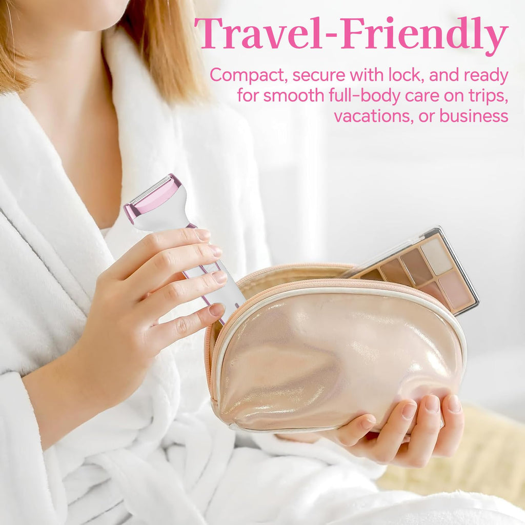 RUIM Women’s Electric Shaver 4-in-1, Painless Hair Remover for Bikini Face & Body, Cordless Wet/Dry Trimmer with Nose & Eyebrow Heads, Fast USB-C Charging, Travel-Ready Grooming Kit