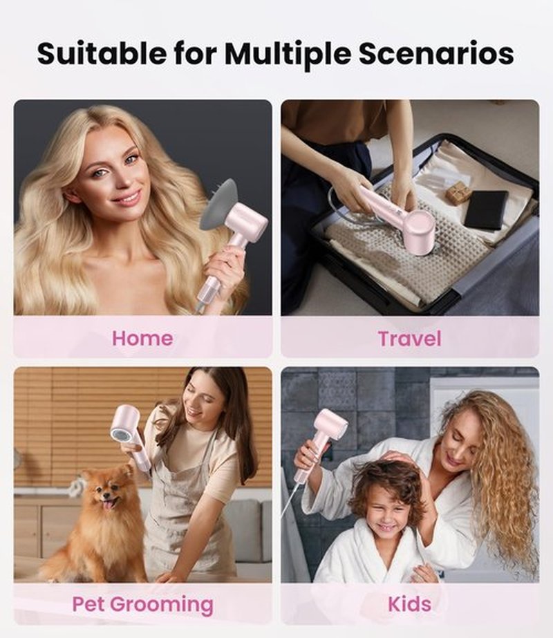 Hair Dryer,150000 RPM Ionic Blow Dryer with 500M Negative Ions, Lightweight Travel Hair Dryer with Magnetic Diffuser & Nozzle for Fast Drying, Low Noise Brushless Motor for Salon & Home Use,Pink