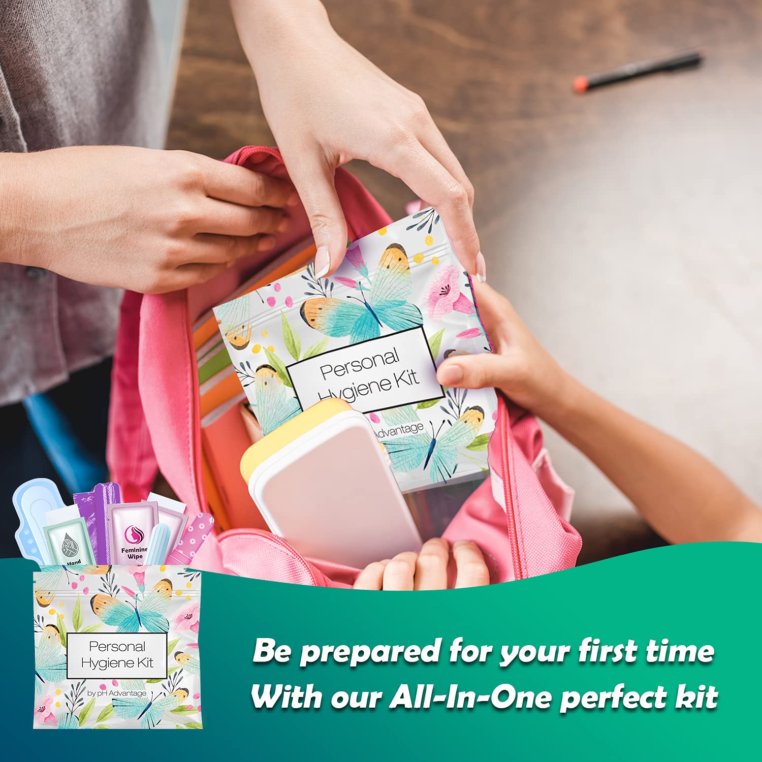 Menstrual Kit All-in-One 10 Pack | Convenience on The Go | Period Kit Pack for Travelling, Tweens & Teenager | Individually Wrapped Feminine Hygiene Product (Butterflies)