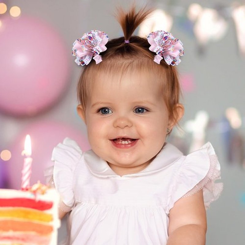 4pcs Happy Birthday Korker Hair Bow Clips for Baby Toddler Girls Ages 1-6, Pink Confetti Sprinkle Curly Ribbon Hairpins Alligator Barrettes,Kids Ice Cream Party Dress Accessory Gift