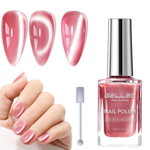 GELLEN Quick Dry Cat Eye Nail Polish, Magnetic Pink Fingernail Polish, Fast Drying Glitter Holographic Nail Polish Non Gel with Magnet Tool, DIY Salon Home, Valentine's Gift for Her
