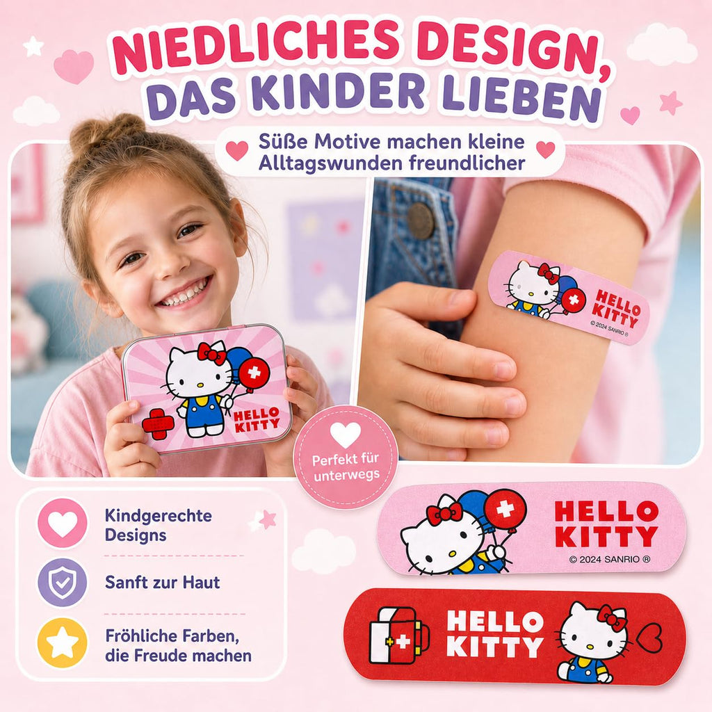 Hello Kitty Pink Kids Bandages – Licensed Metal Tin – 24 Colorful Plasters with Cute Design – Ideal for Backpack, Travel or Purse – First Aid Fun for Children – 1 Pack