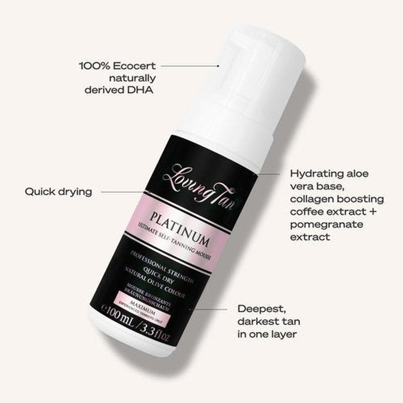 Loving Tan Platinum Self Tanning Mousse, Dark -Streak Free, Natural Looking, Professional Quality Self Tanner -5+ Self Tan Applications per Bottle, Naturally Derived DHA- 3.3 Fl Oz -Packaging May Vary