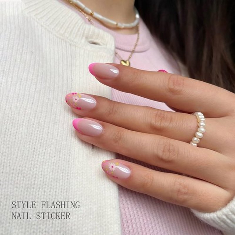 JMEOWIO Gel Nail Stickers Pink Flower French Tip Semi Cured Gel Nail Strips Wraps UV/LED Nails Art Design Decoration Accessories